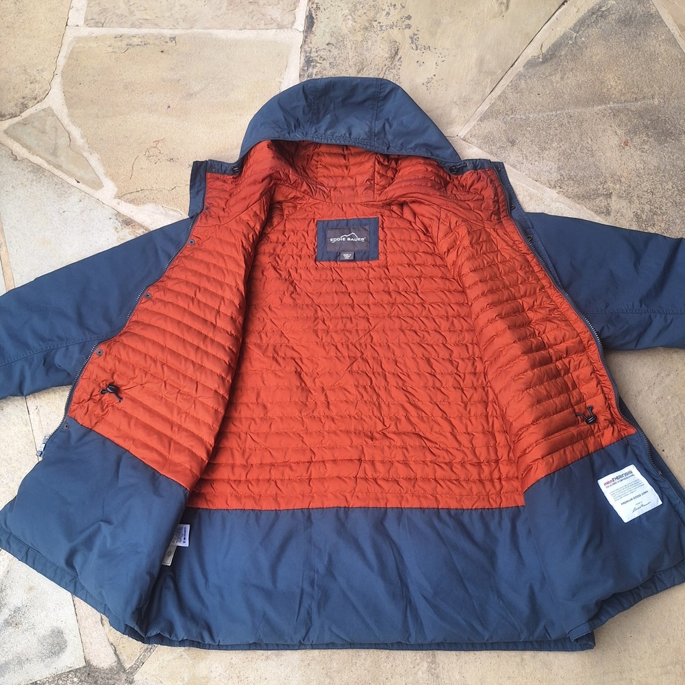Eddie Bauer MicroTherm Down Parka Navy Blue Orange Lining Mens XXL Hooded Jacket